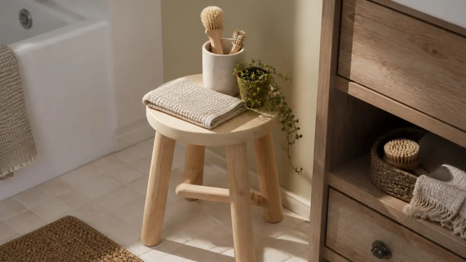 small wooden stool used as a corner shelf holding towels and a plant
