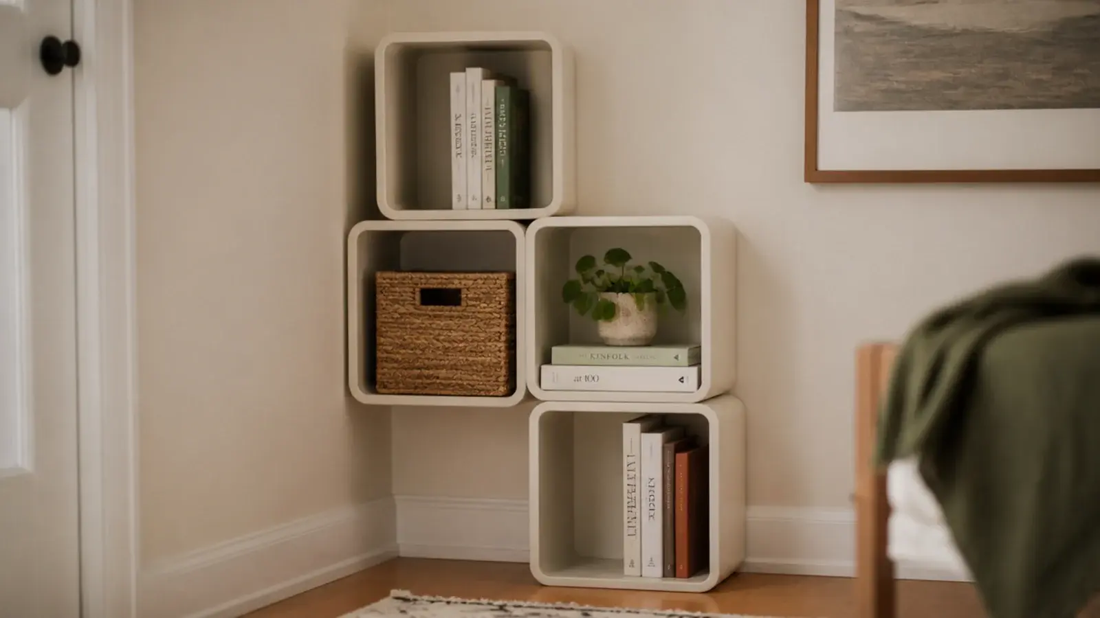 stackable storage cubes arranged into a corner shelving unit