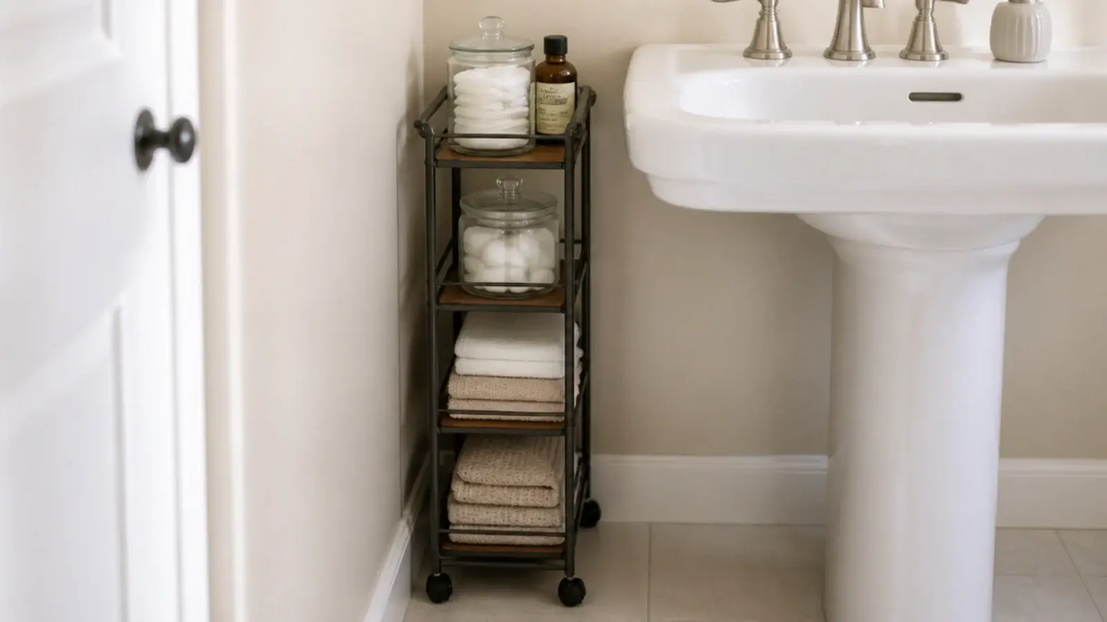 narrow rolling utility cart beside a bathroom basin holding jars