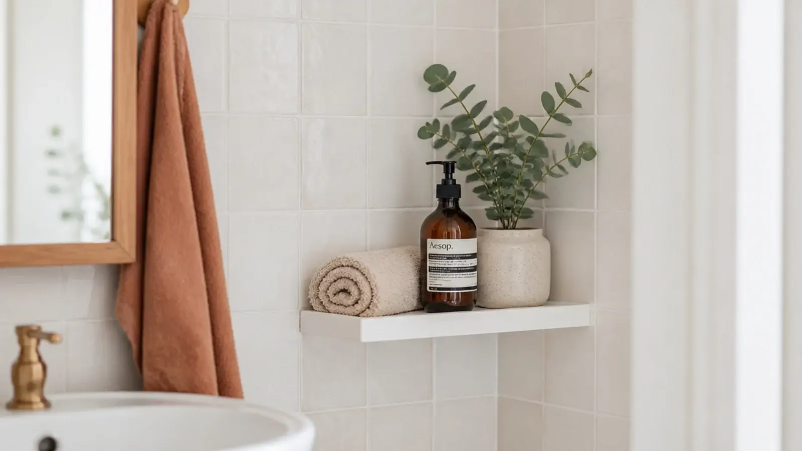 renter friendly bathroom corner shelf with no drill mounting holding towels