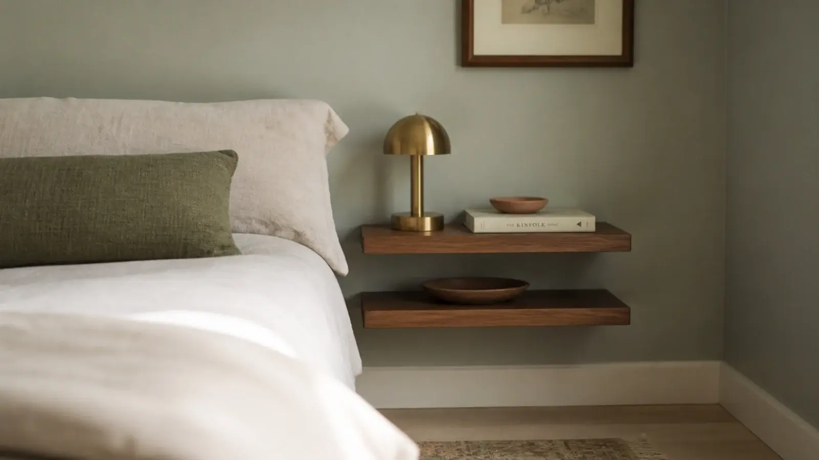 cozy bedroom corner shelf ideas with floating walnut shelves beside a linen bed