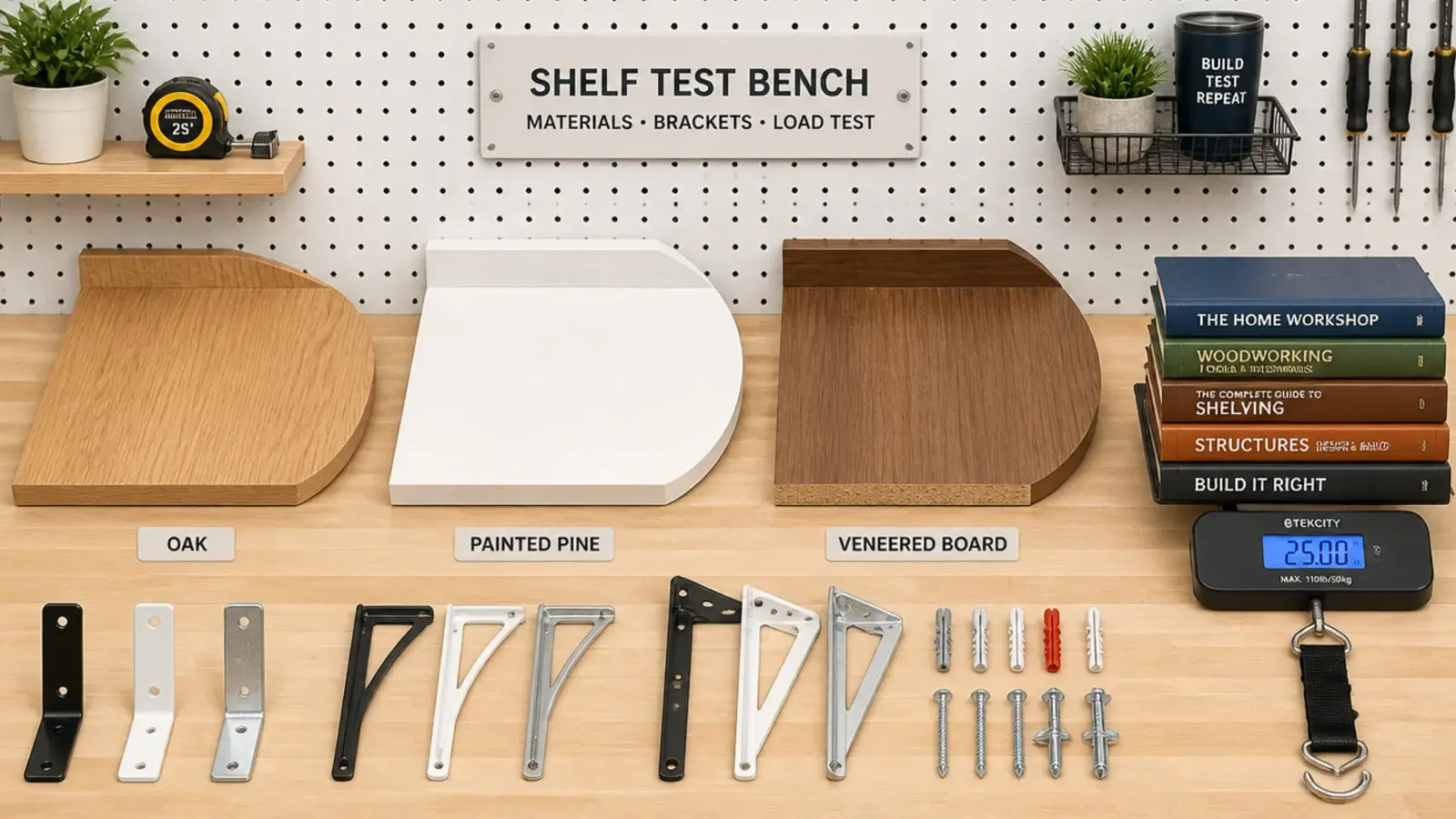 testing bench with corner shelf samples brackets and a weight testing setup