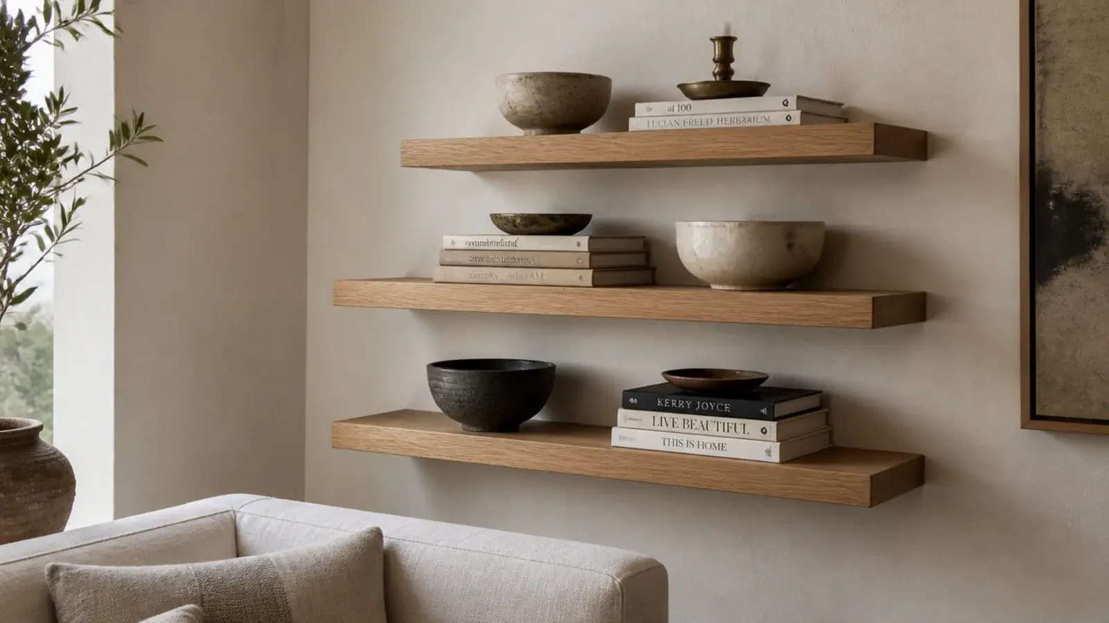 three tier solid oak floating corner shelf set styled with pottery and books