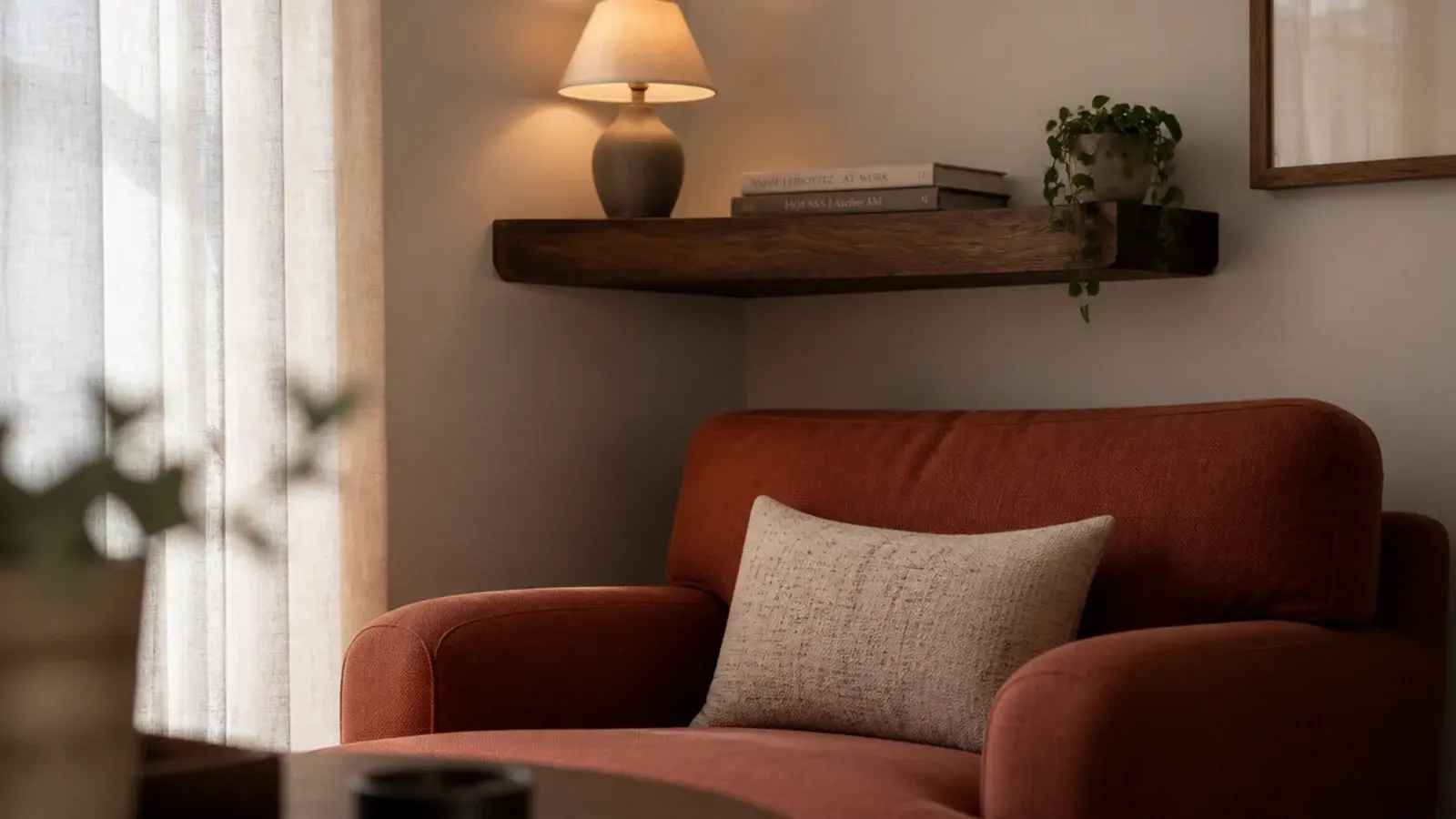 single deep walnut corner shelf above a reading chair with lamp and books