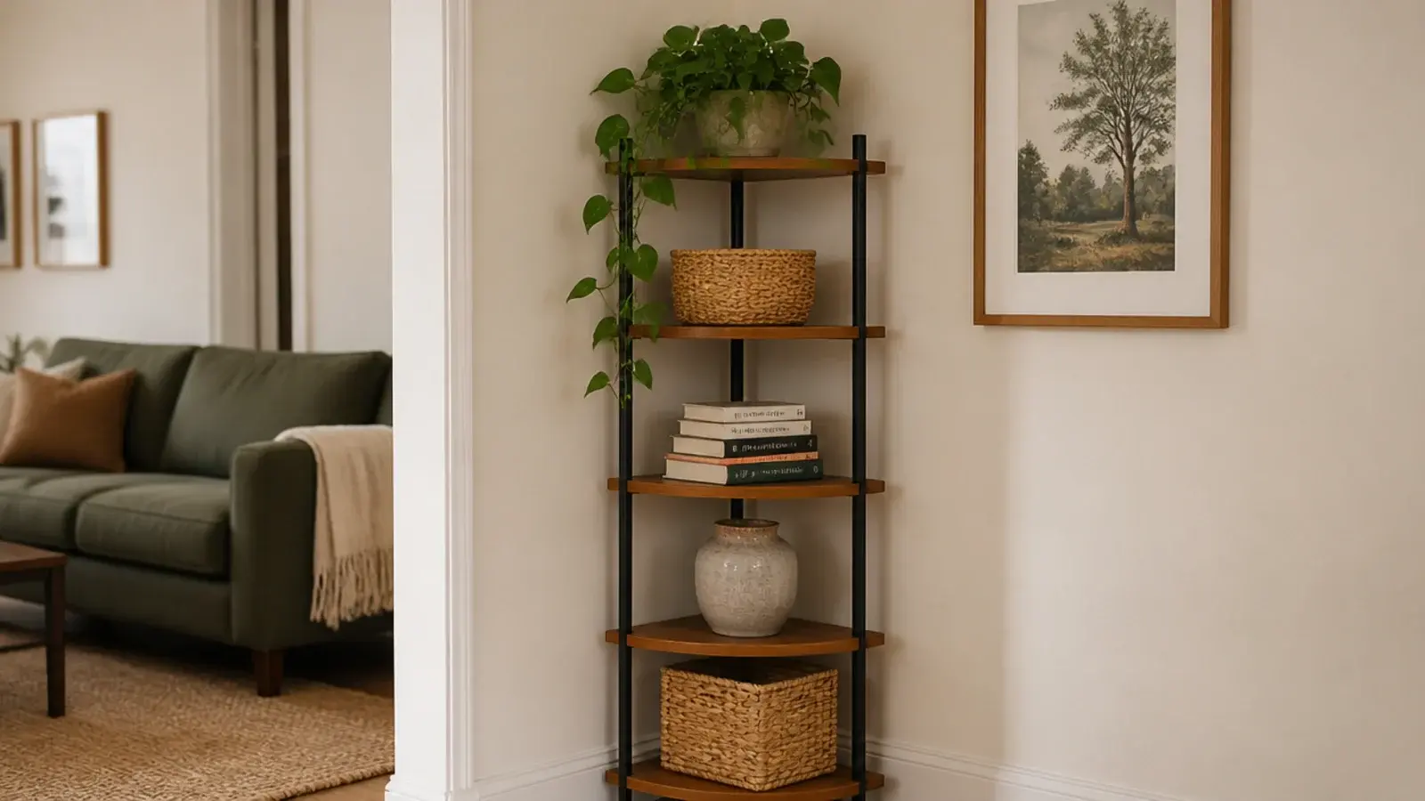 freestanding five tier corner etagere holding plants baskets and books