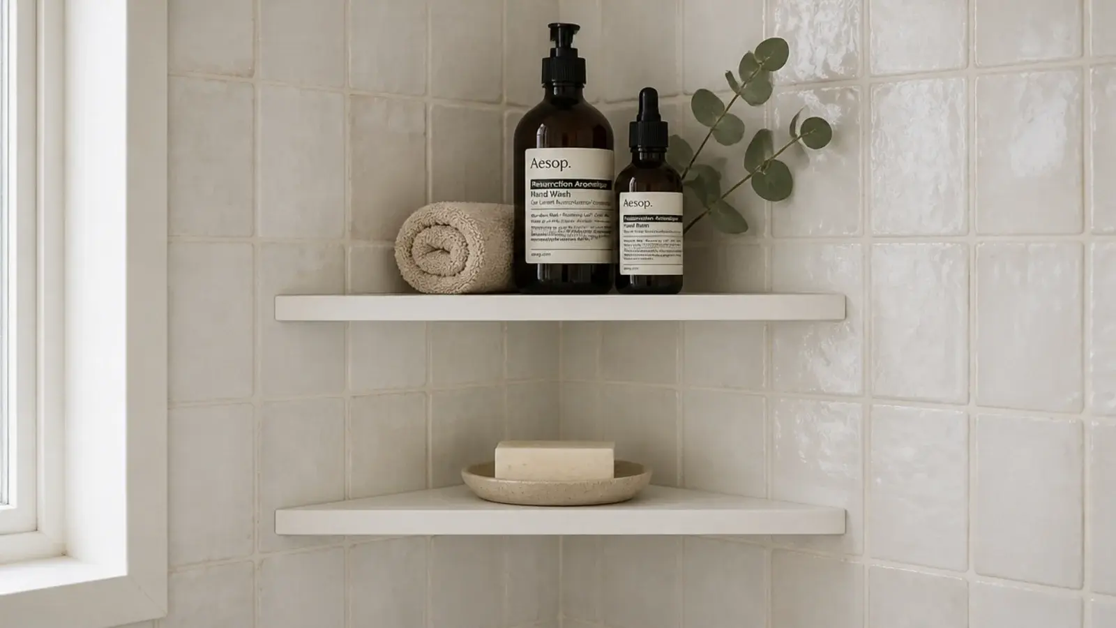 slim white five inch bathroom corner shelf holding towels and amber bottles