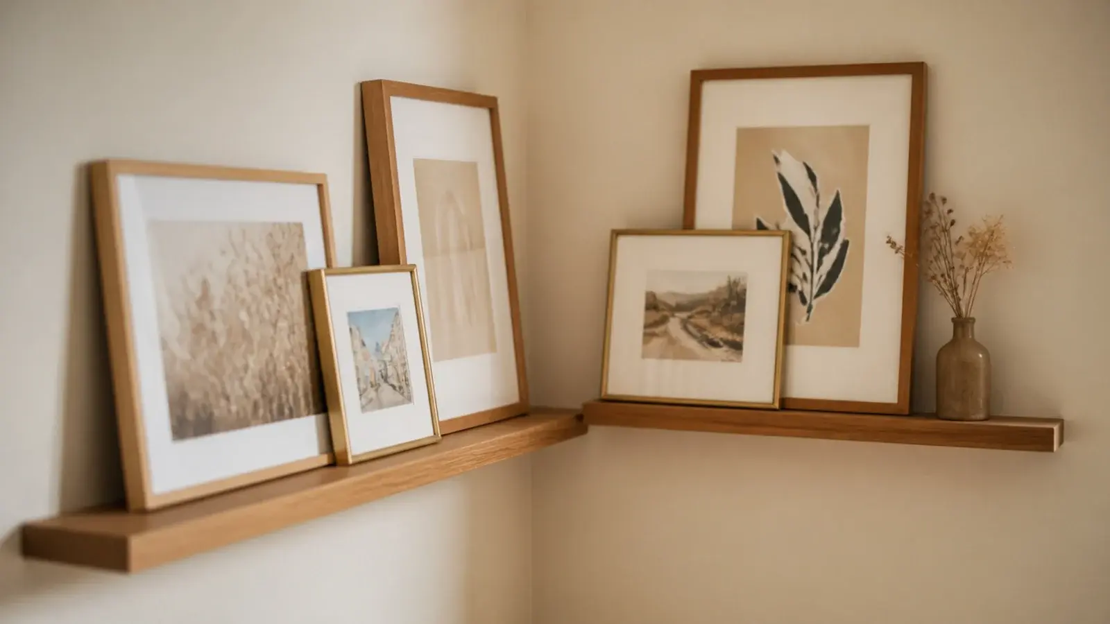 narrow oak picture ledges wrapping a corner with leaning framed prints