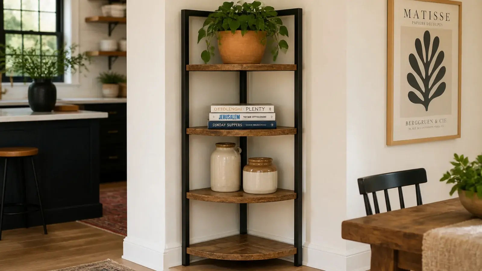 black metal and reclaimed wood corner shelf unit in an open plan room