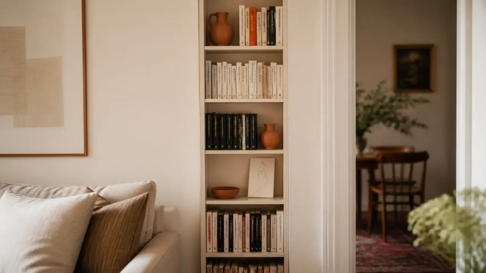 floor to ceiling painted corner bookshelf column packed with books and pottery