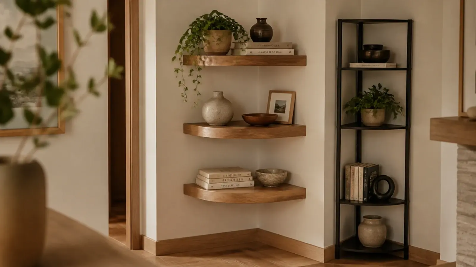 range of the best corner shelves in oak metal and painted finishes displayed together