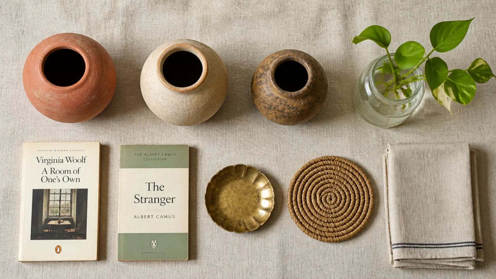 objects gathered from around a home laid out on linen before styling a shelf