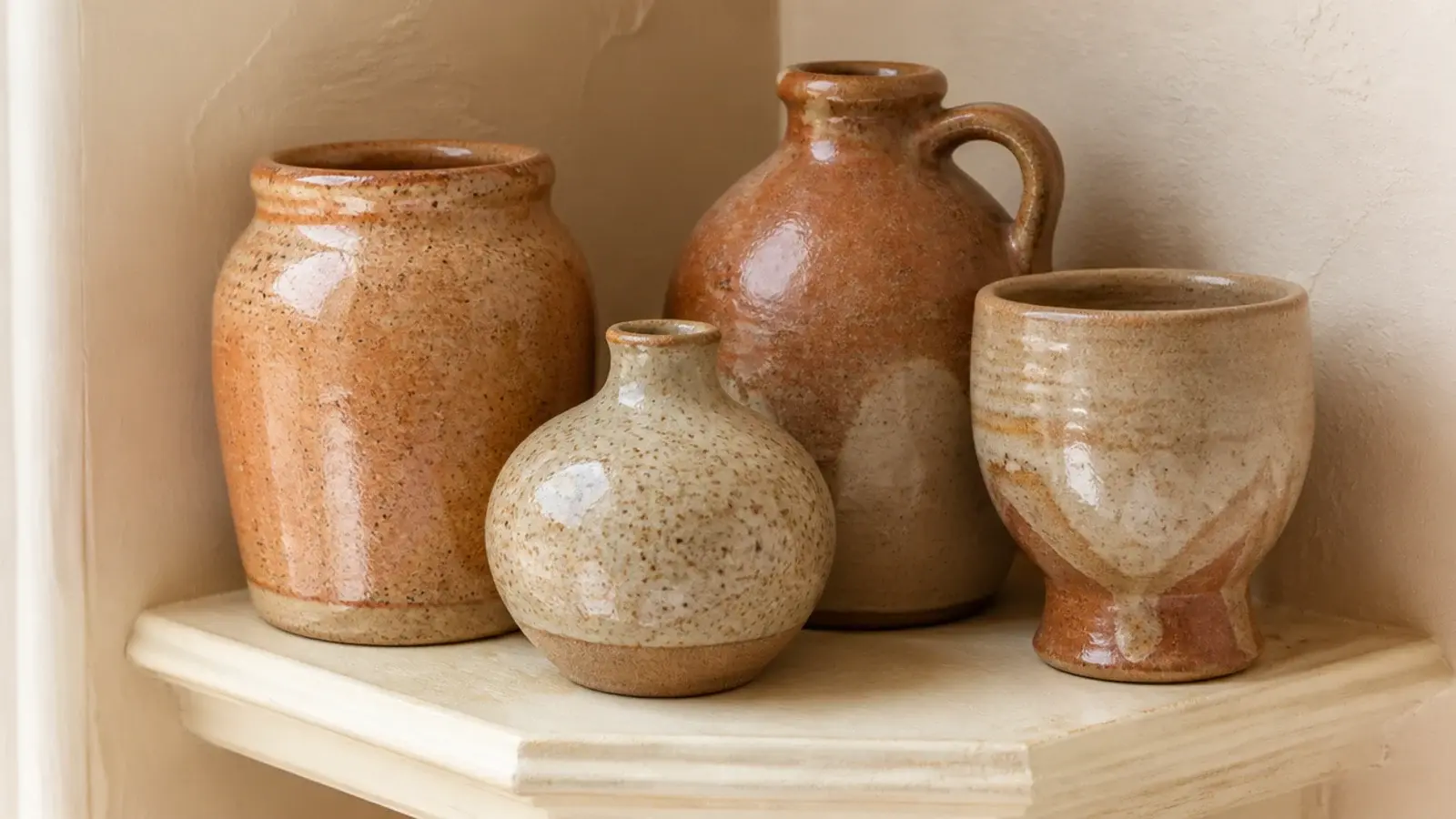 thrifted stoneware vessels in matching clay tones on a small corner shelf