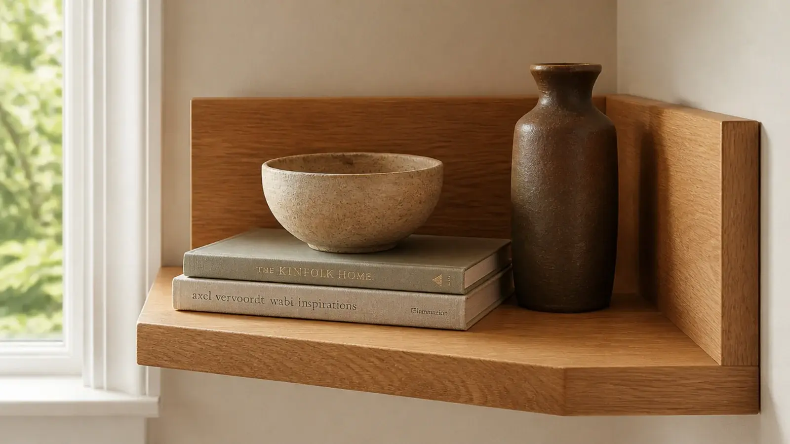 small clay bowl raised on two stacked hardbacks on a corner shelf