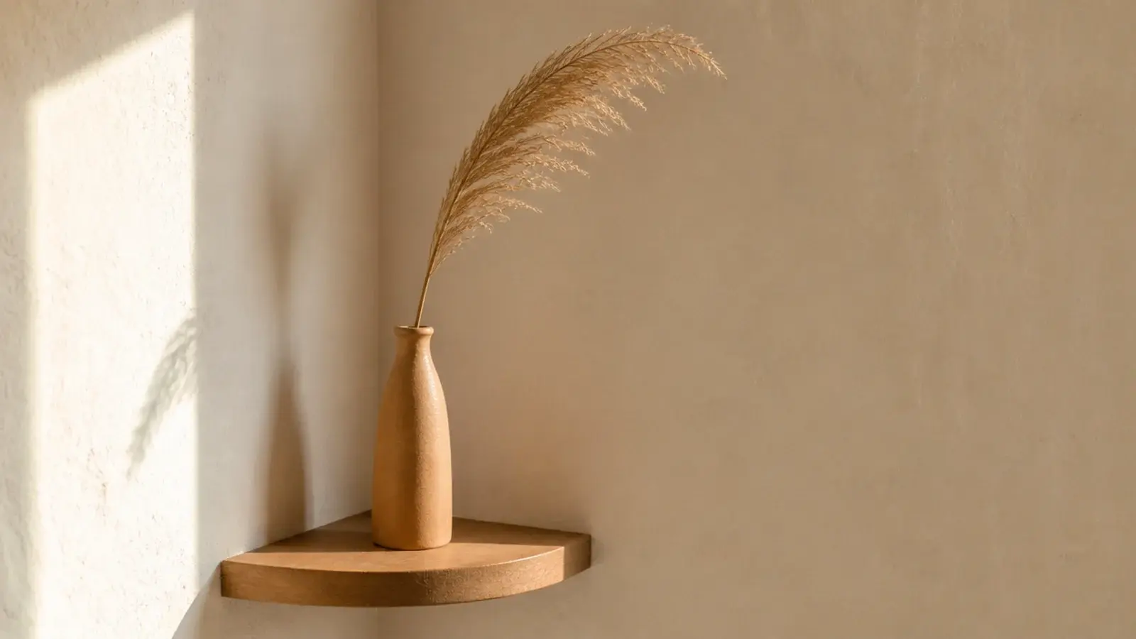 single tall dried grass stem in a slim clay bottle on a corner shelf