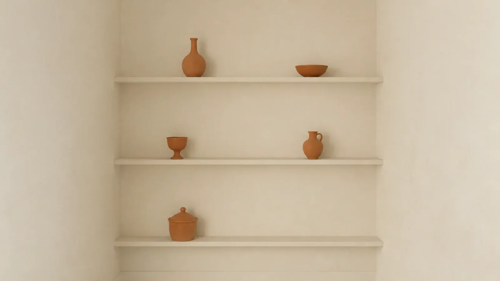 corner shelves painted the same cream as the wall almost disappearing