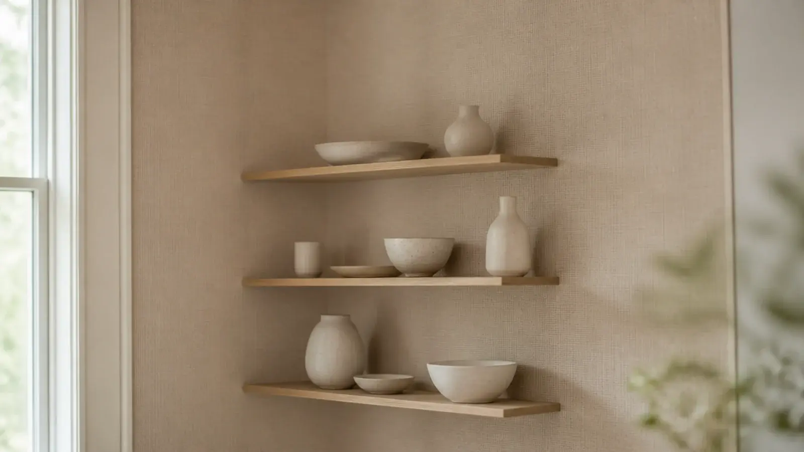 subtle textured peel and stick wallpaper behind small corner shelving