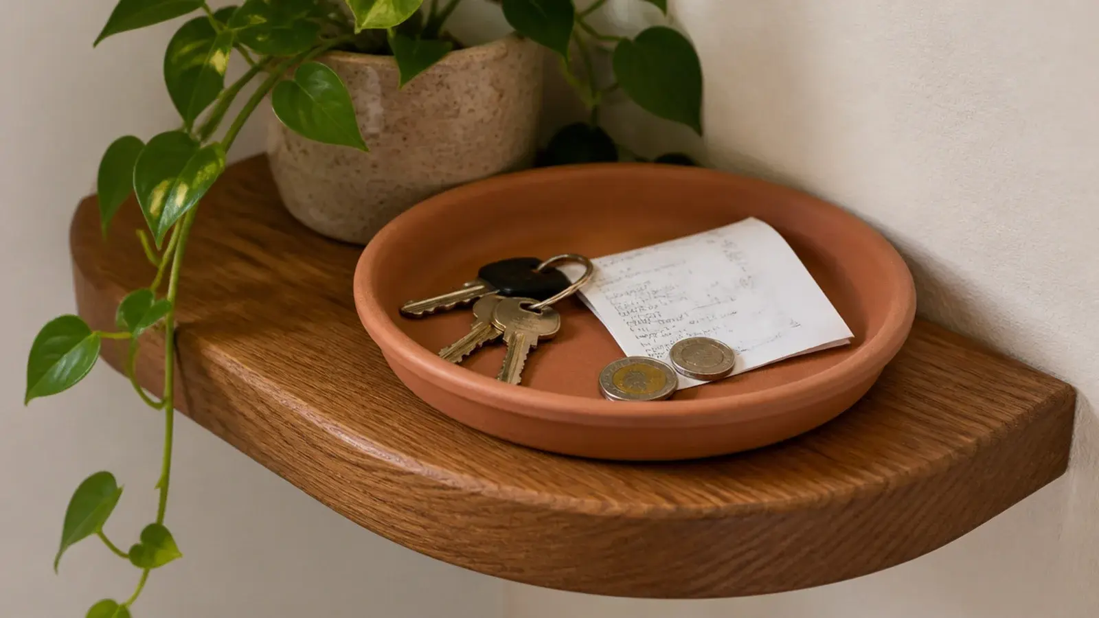 terracotta plant saucer used as a small tray for keys and coins