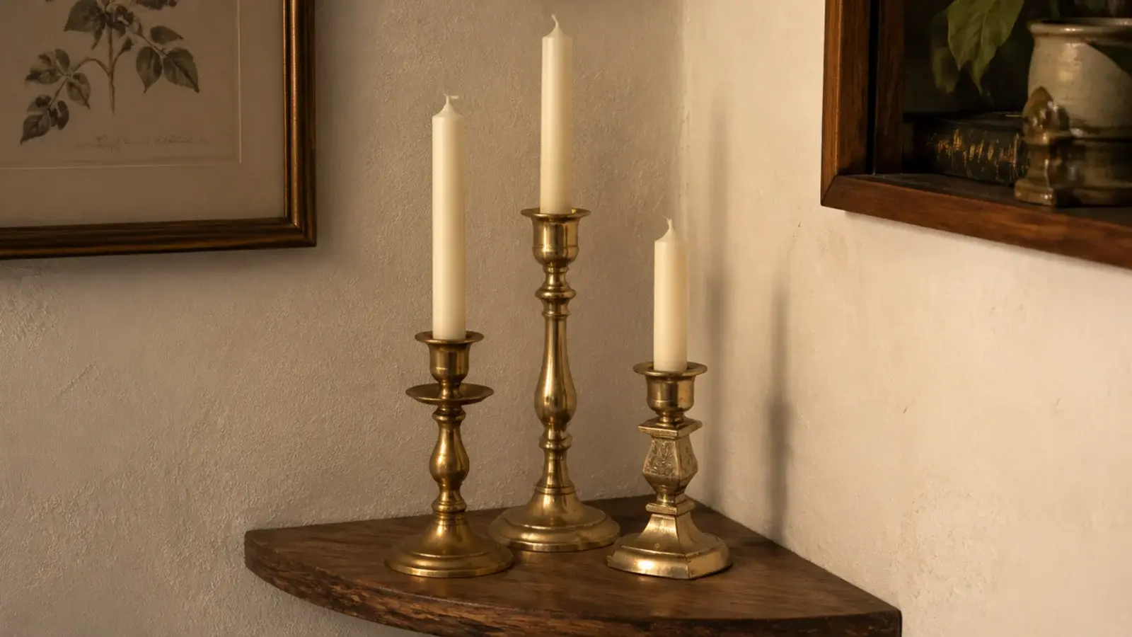 three mismatched brass candle holders at different heights with ivory tapers