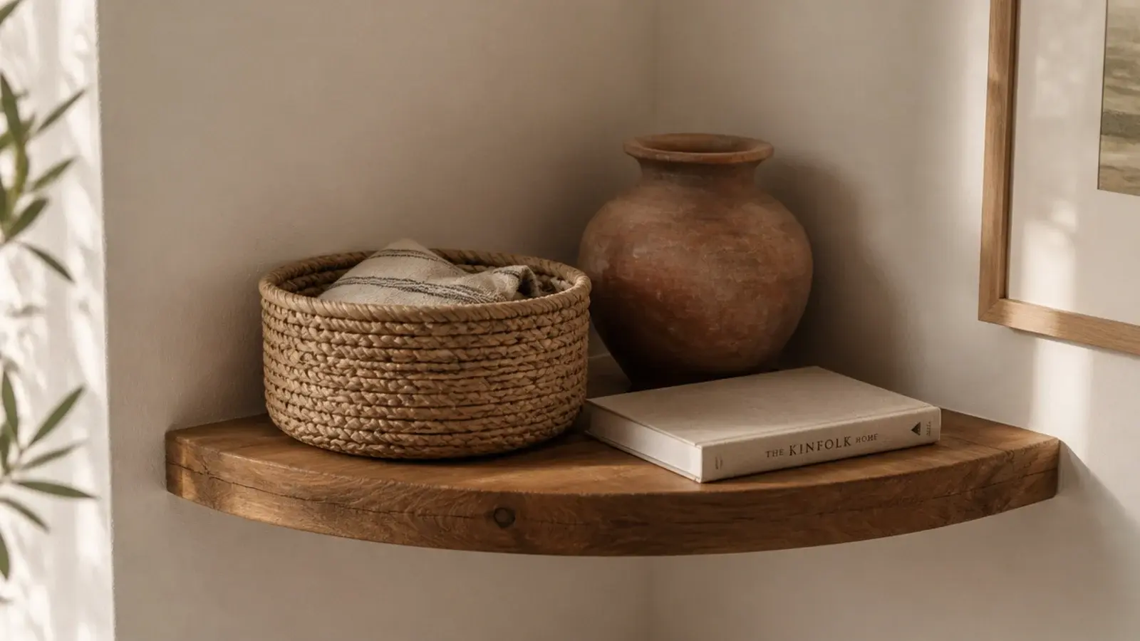 small woven basket on a corner shelf hiding chargers and small clutter