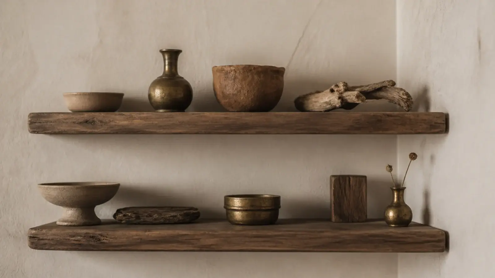 three small brass objects repeated across two corner shelves