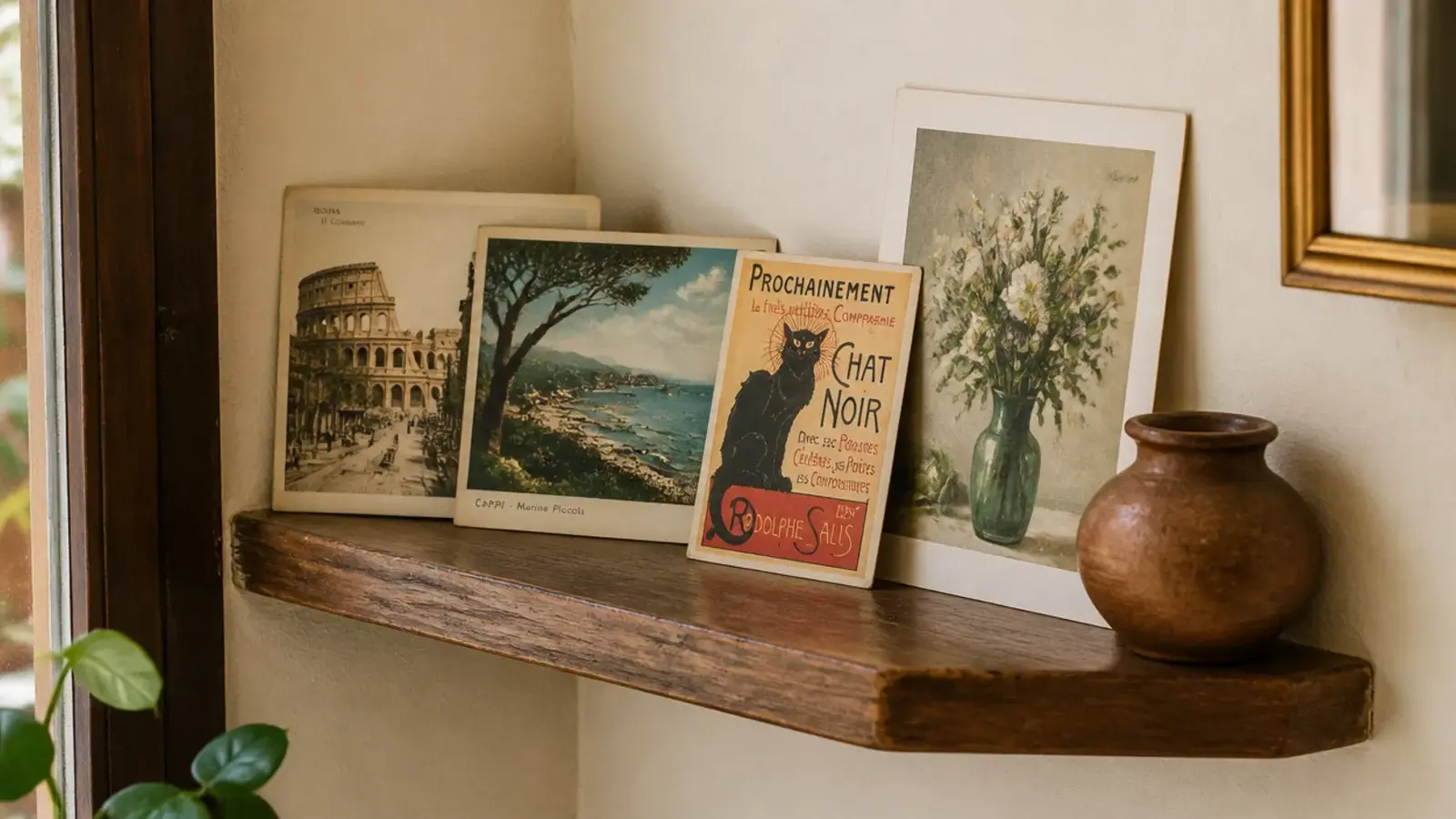 leaning postcards and small prints against the wall on a corner shelf