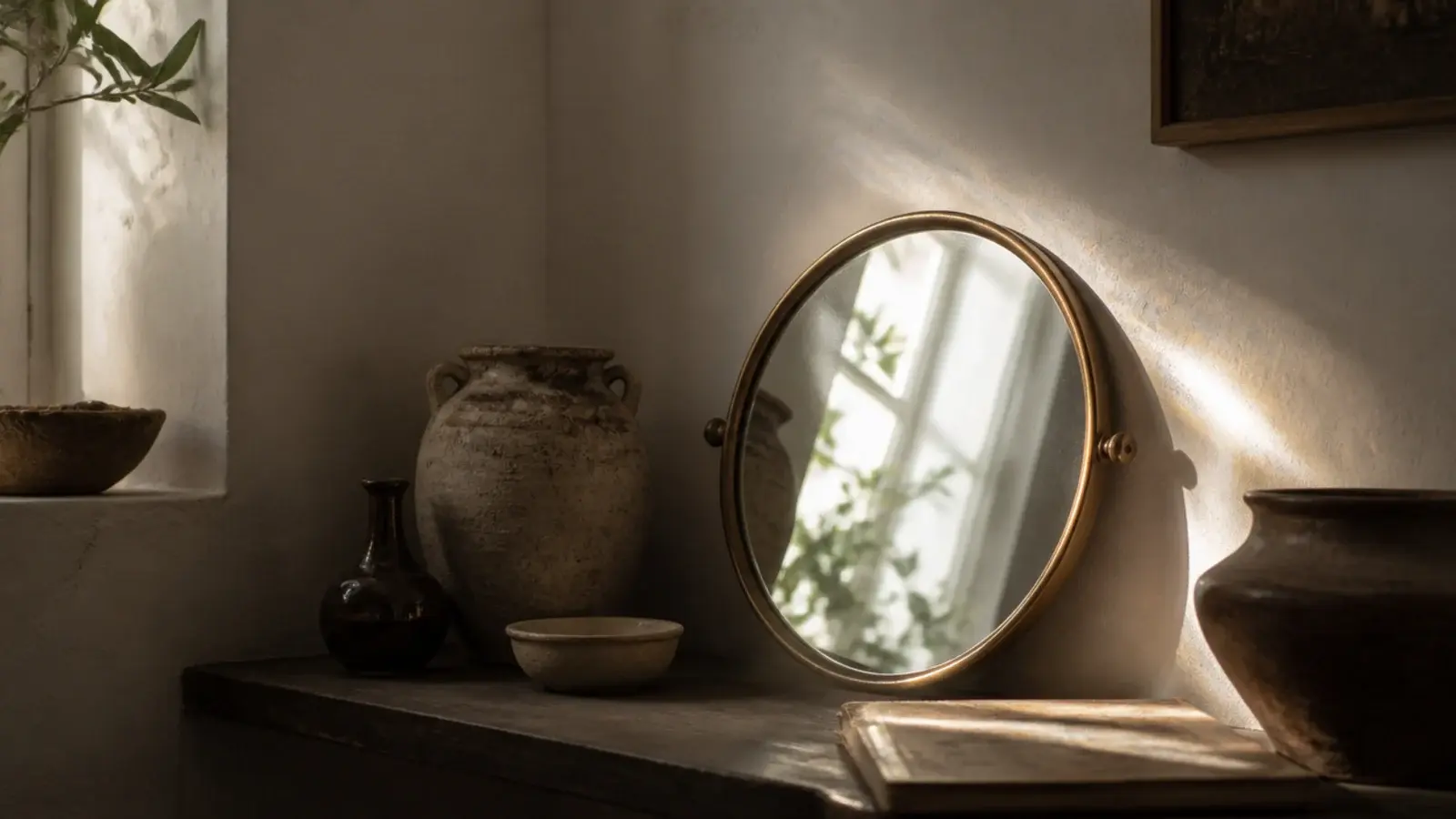 small round mirror propped on a corner shelf reflecting window light