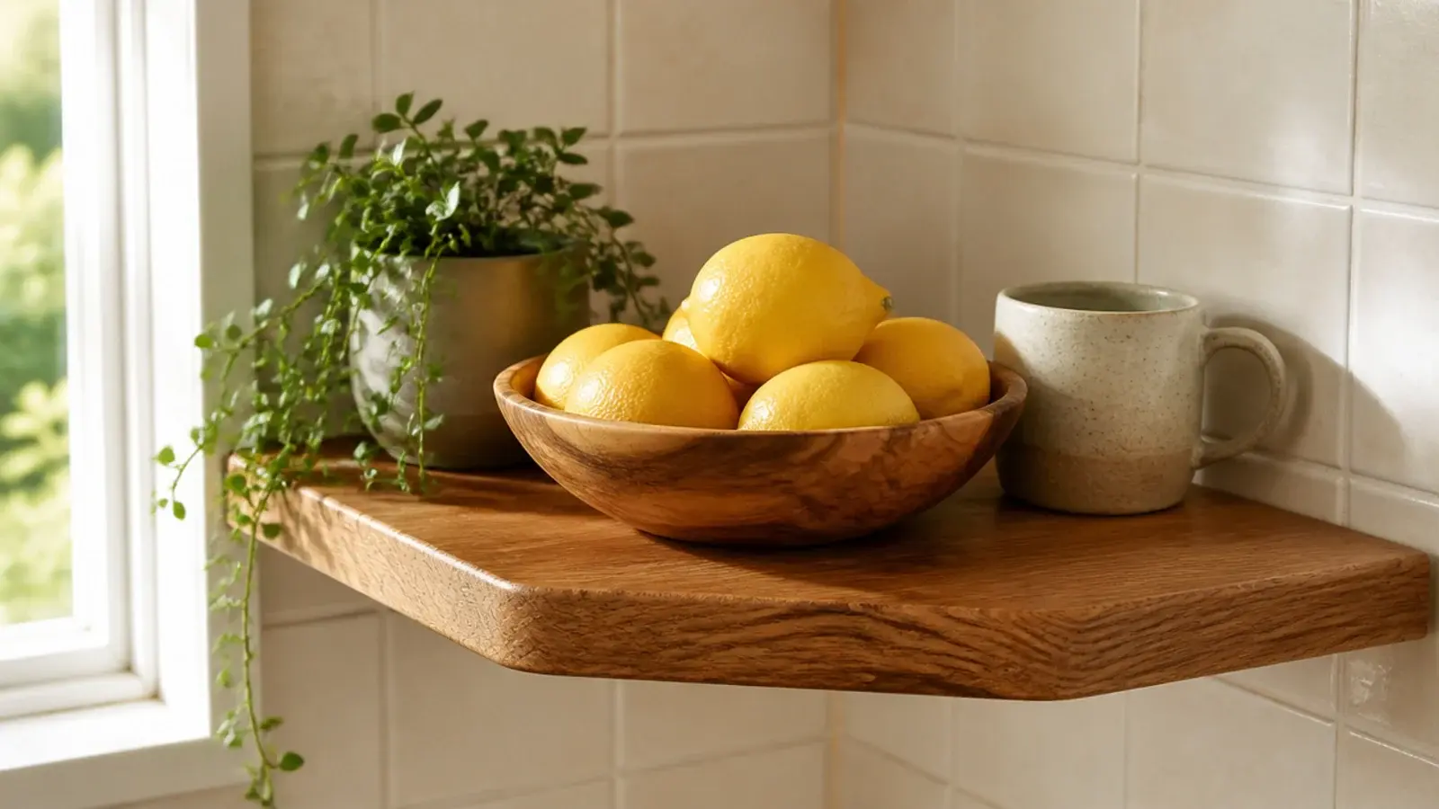 shallow wooden bowl of lemons on a corner shelf beside a plant
