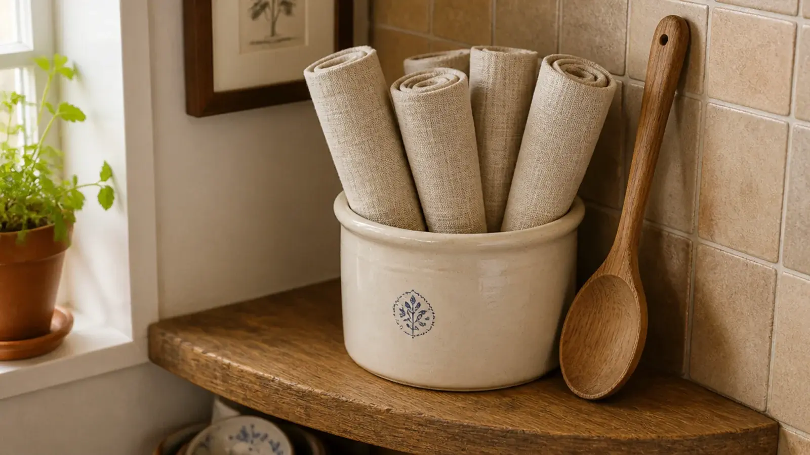 rolled sand colored linen napkins standing in a stoneware crock