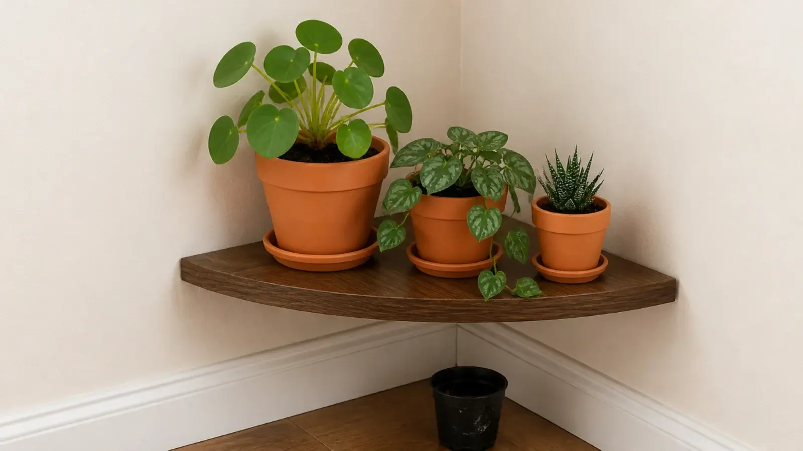 small plants repotted from plastic into plain terracotta pots on shelves