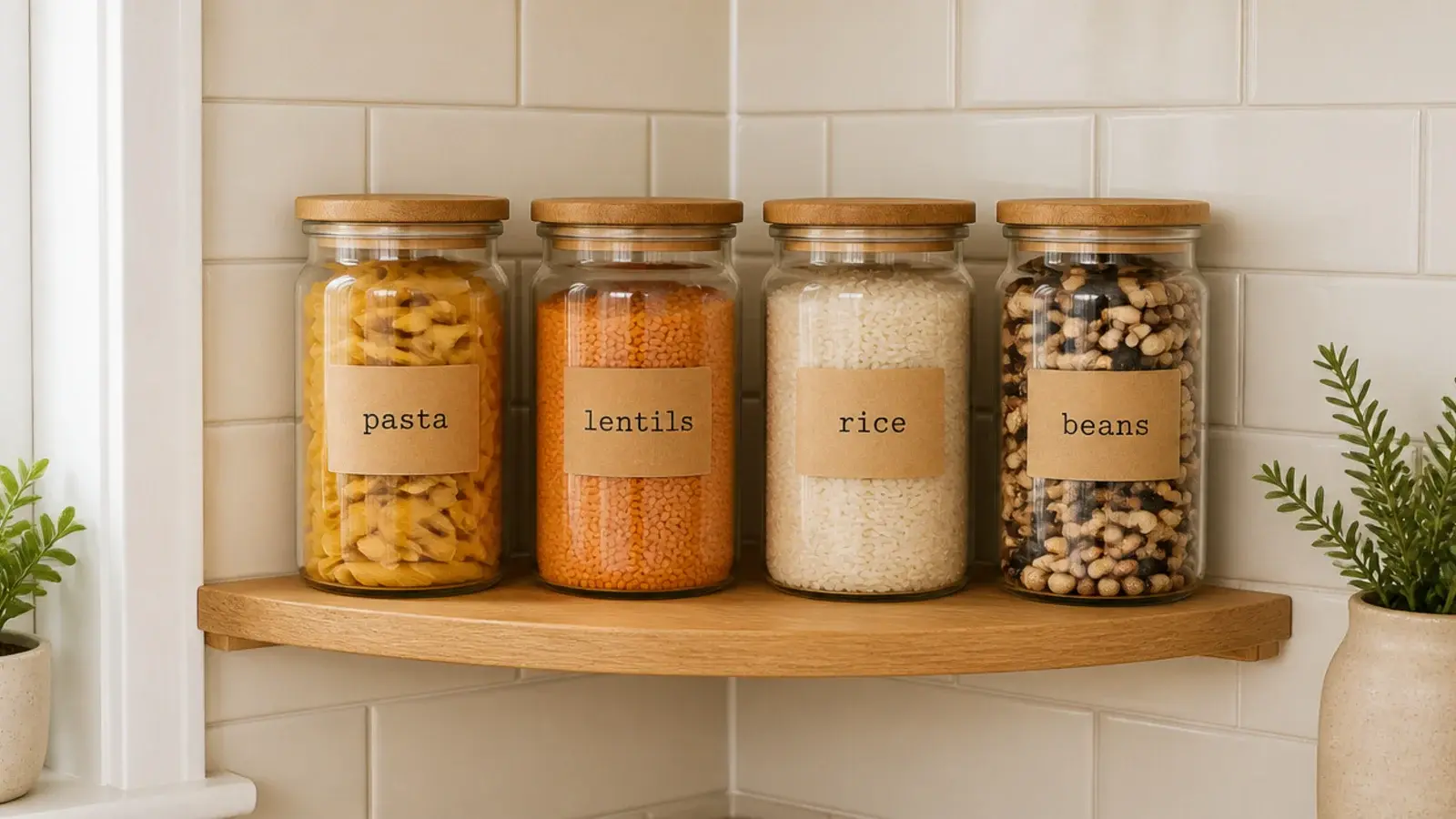 plain glass jars of pasta and pulses on a small kitchen corner shelf