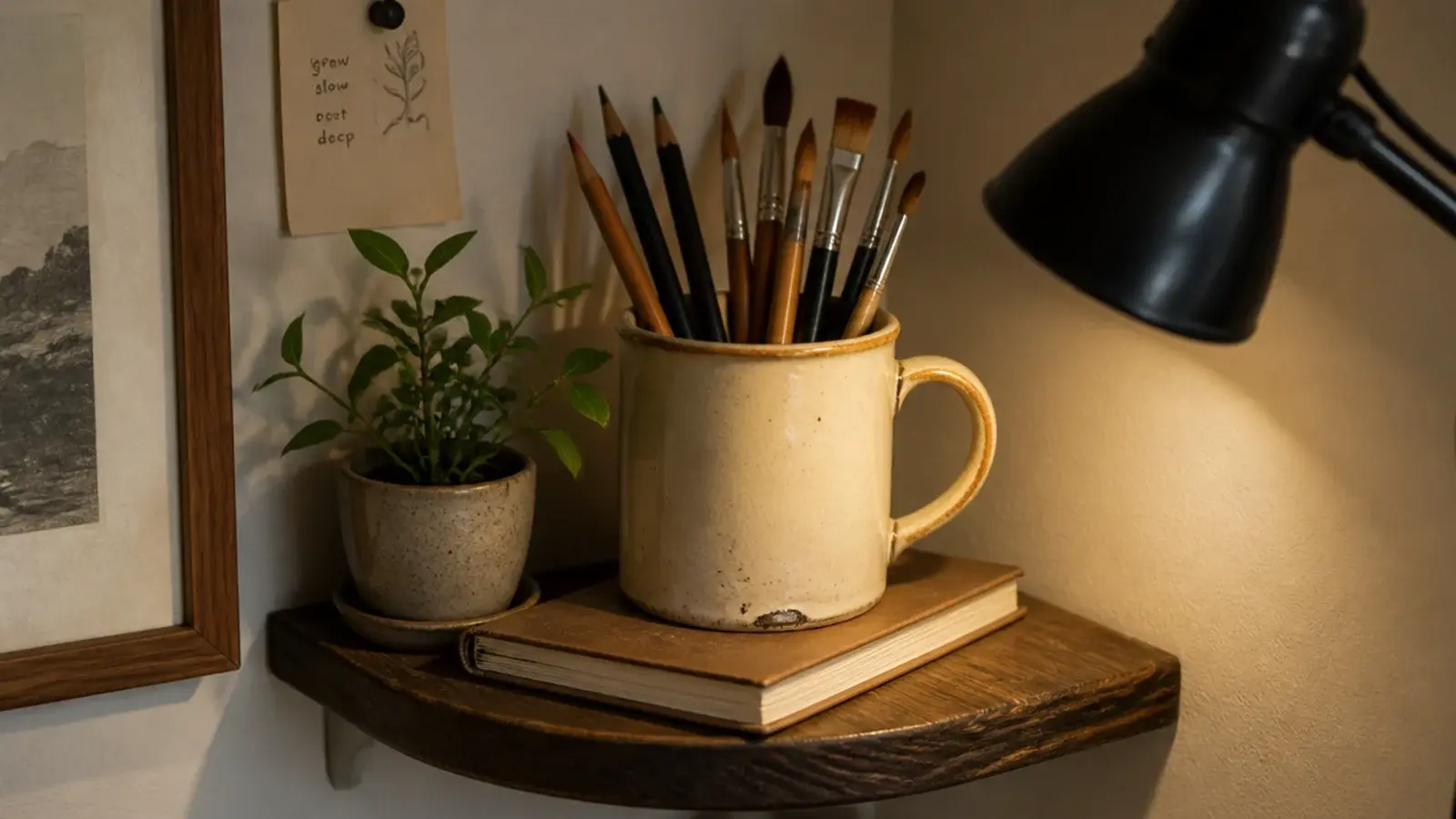 chipped stoneware mug holding pens and brushes on a desk corner shelf
