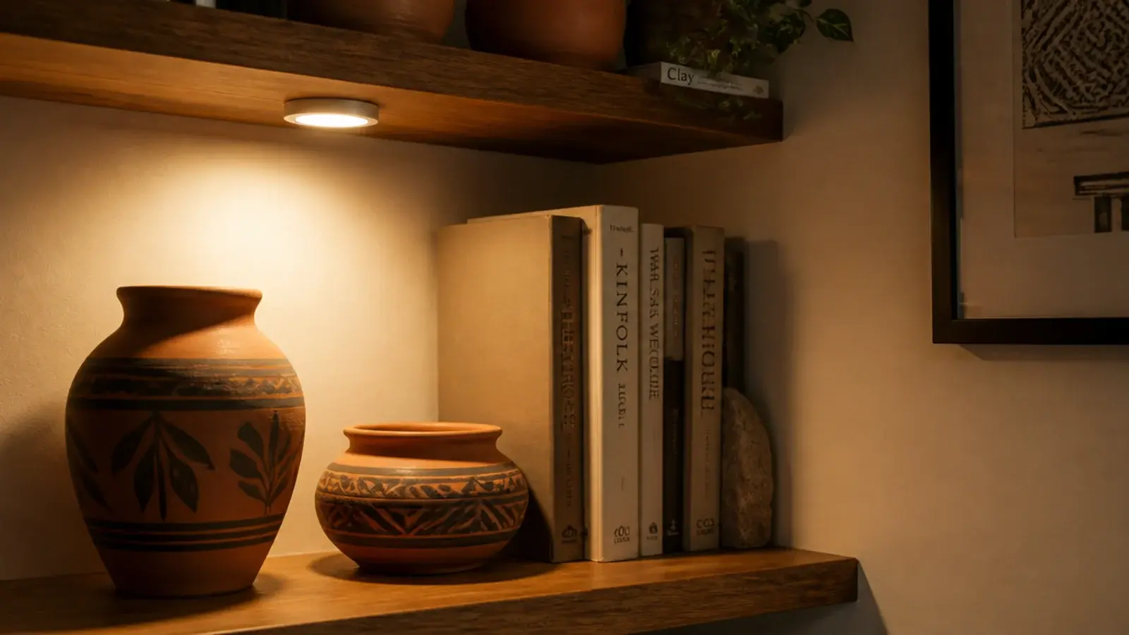 warm battery puck light under a corner shelf lighting pottery below