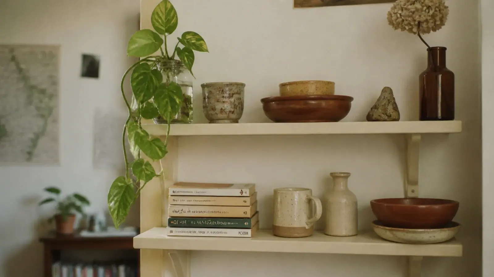 budget corner shelf decor with thrifted pottery books and a trailing plant