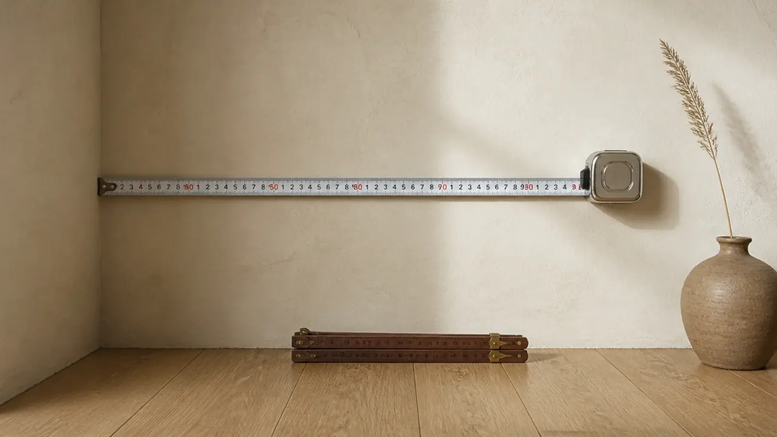 empty cream corner with a tape measure showing shelf depth against a plaster wall
