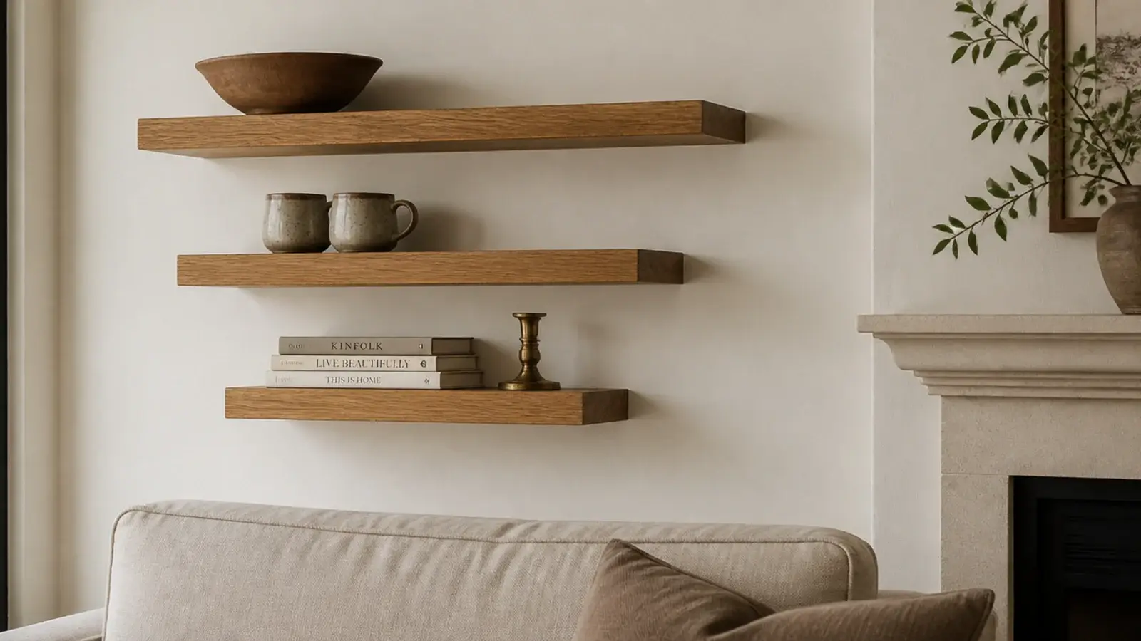 three staggered oak floating corner shelves holding pottery above a linen sofa arm