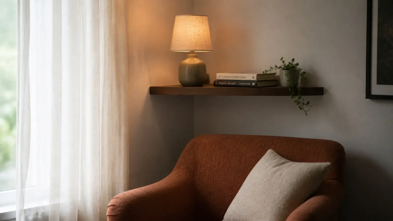 single walnut corner shelf above a reading chair holding books and a small lamp