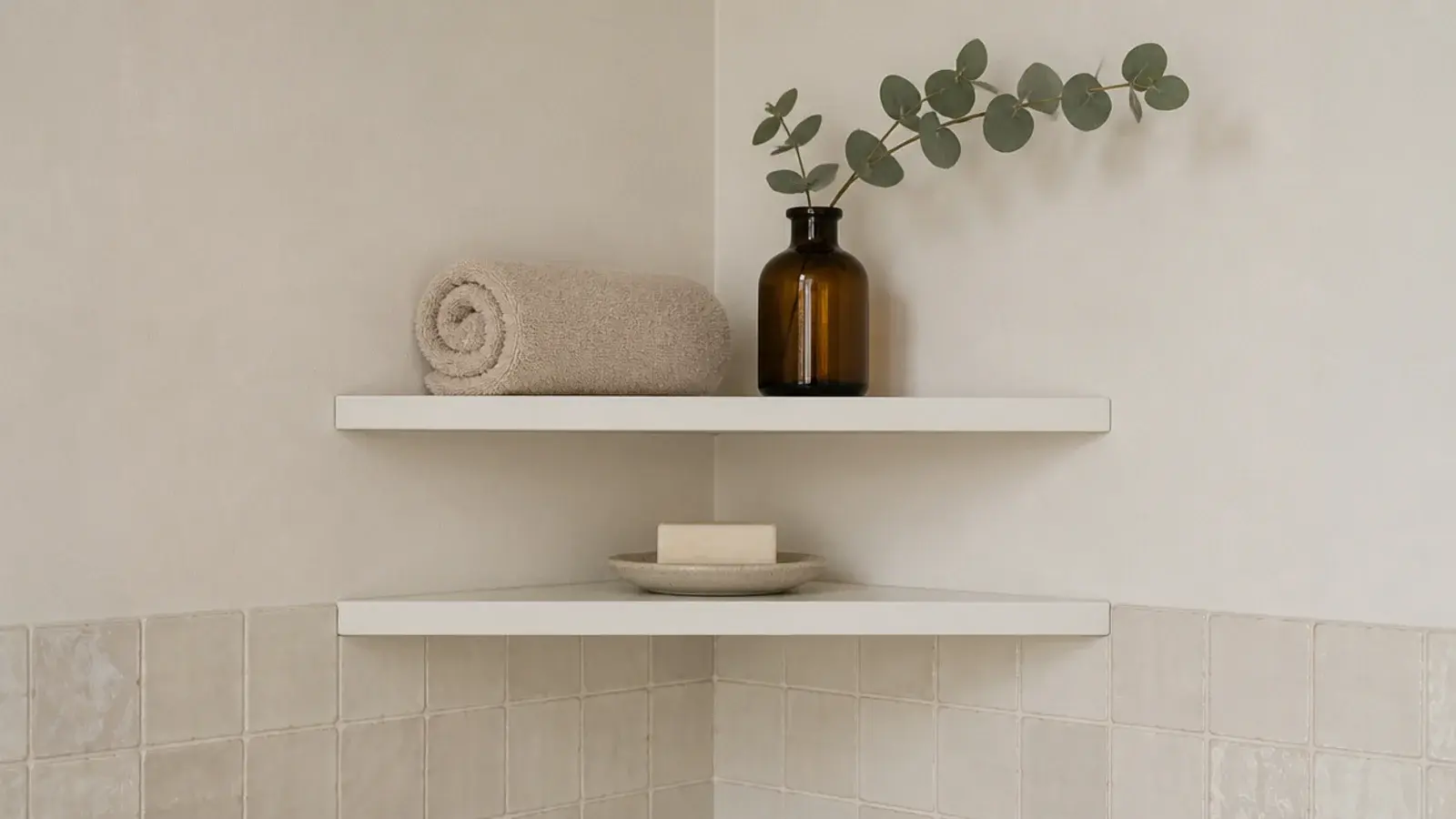 narrow white corner shelf in a bathroom holding a rolled towel and soap