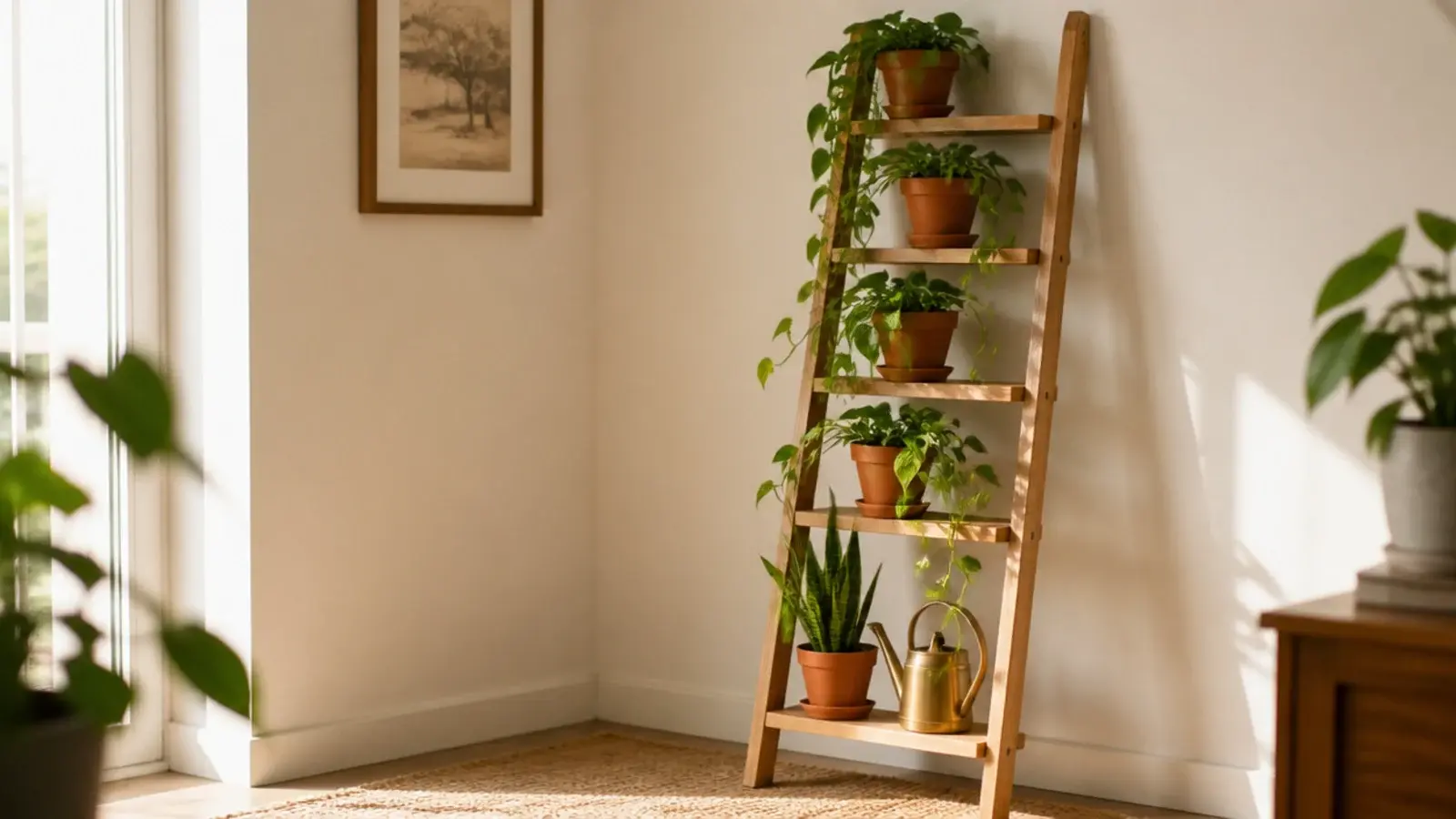 leaning wooden ladder shelf filled with trailing plants in a bright corner