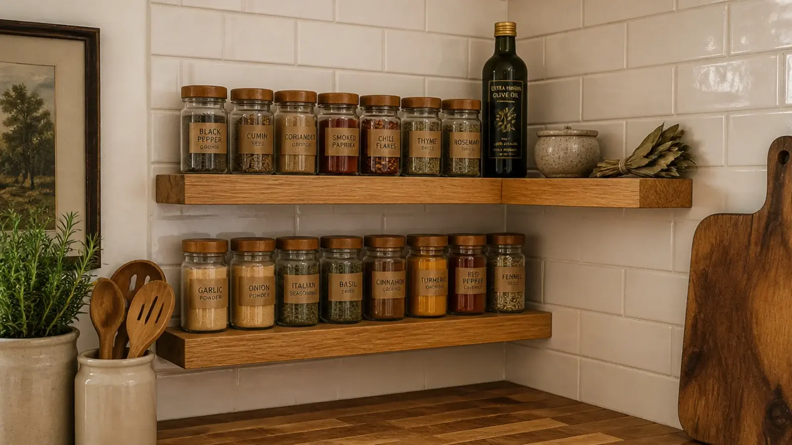 wooden kitchen corner shelves holding spice jars and olive oil above a counter