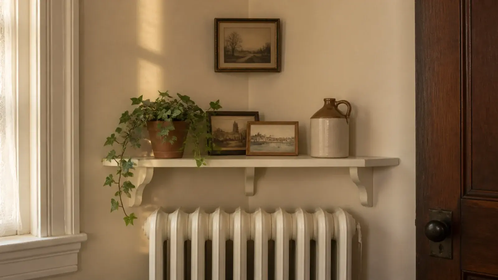 painted corner shelf mounted above a radiator holding a plant and small frames
