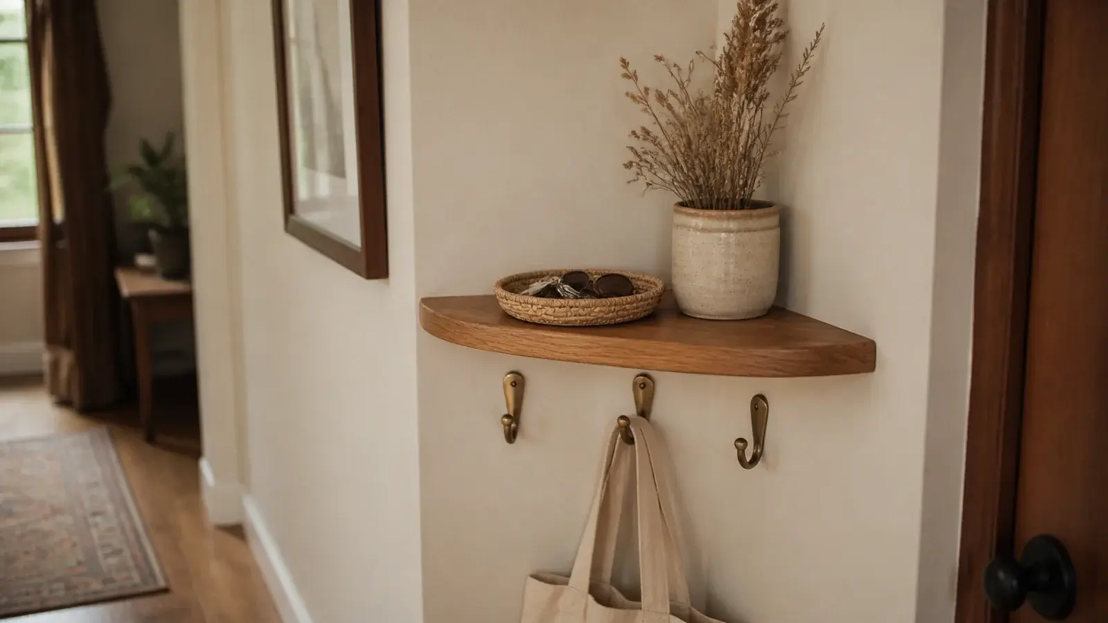 entryway corner shelf with brass hooks below holding keys a tray and a cap