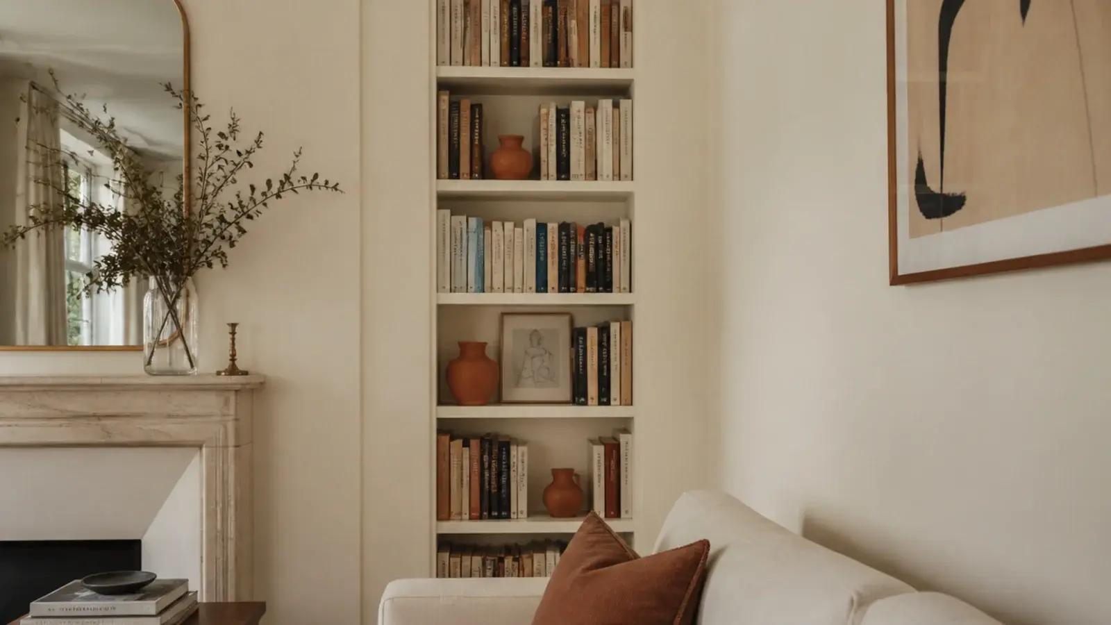 tall floor to ceiling corner bookshelf column filled with books and pottery