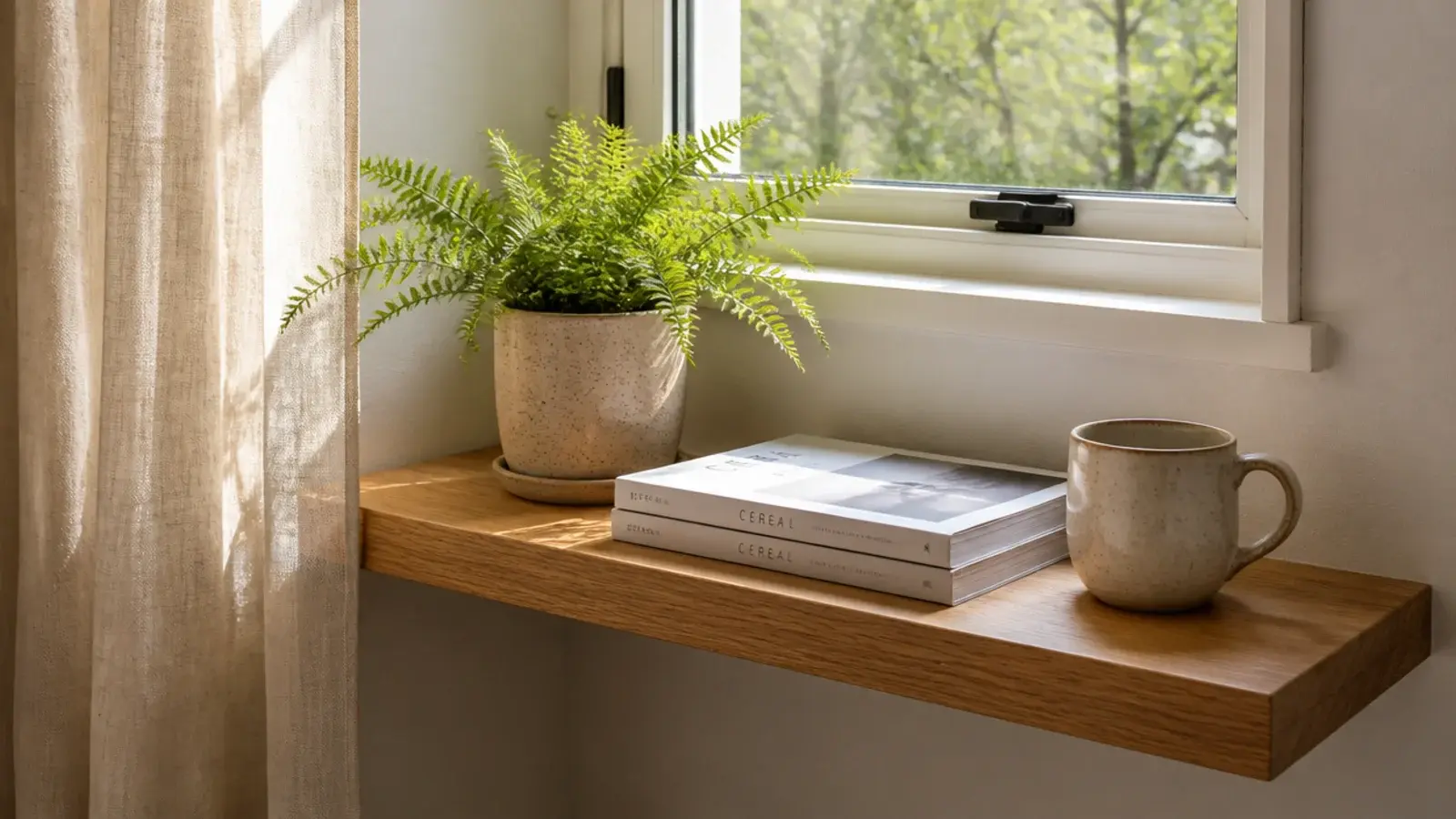 low wooden corner shelf under a window holding a fern and magazines