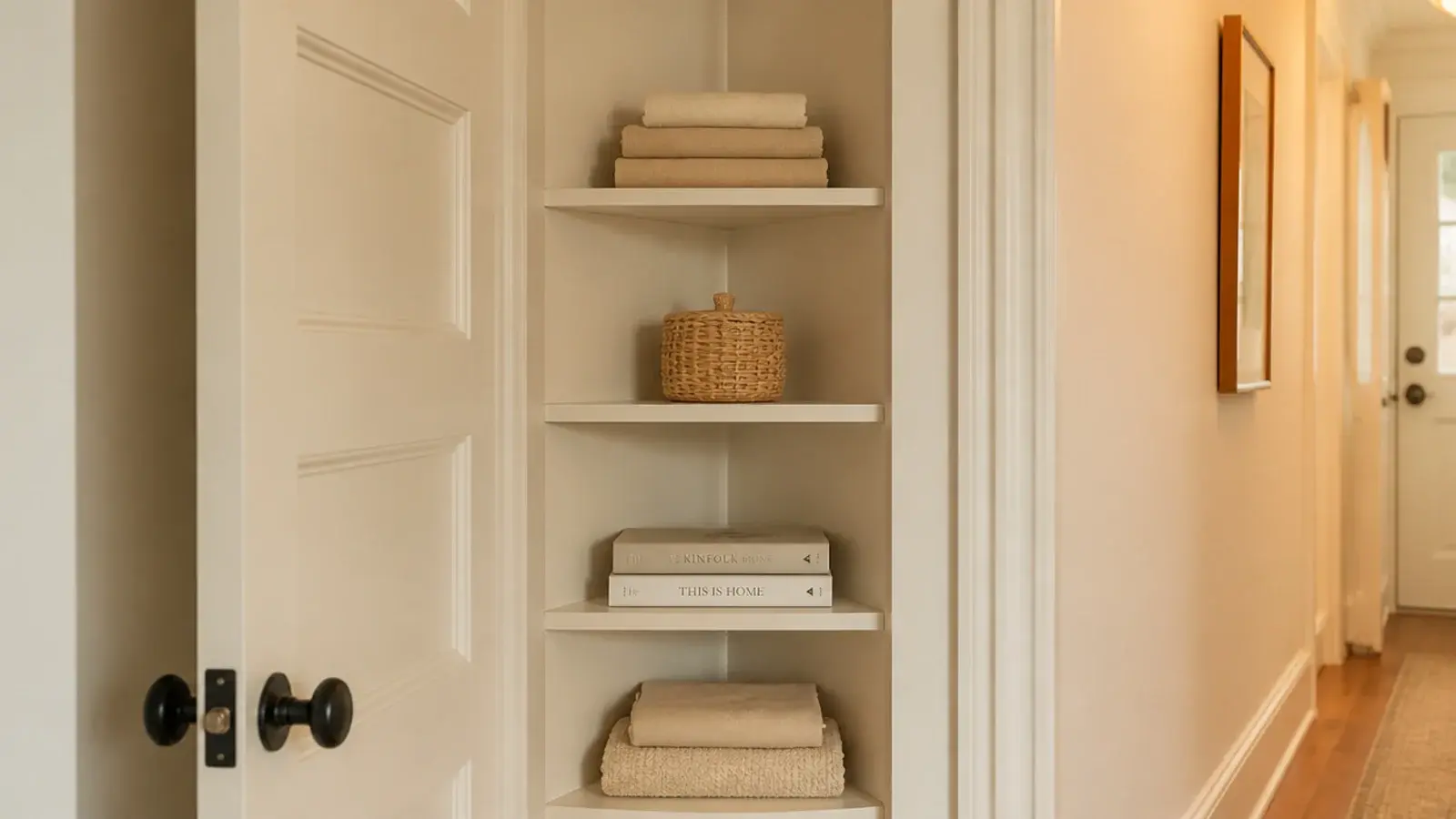 shallow corner shelves tucked behind an open door holding folded linens