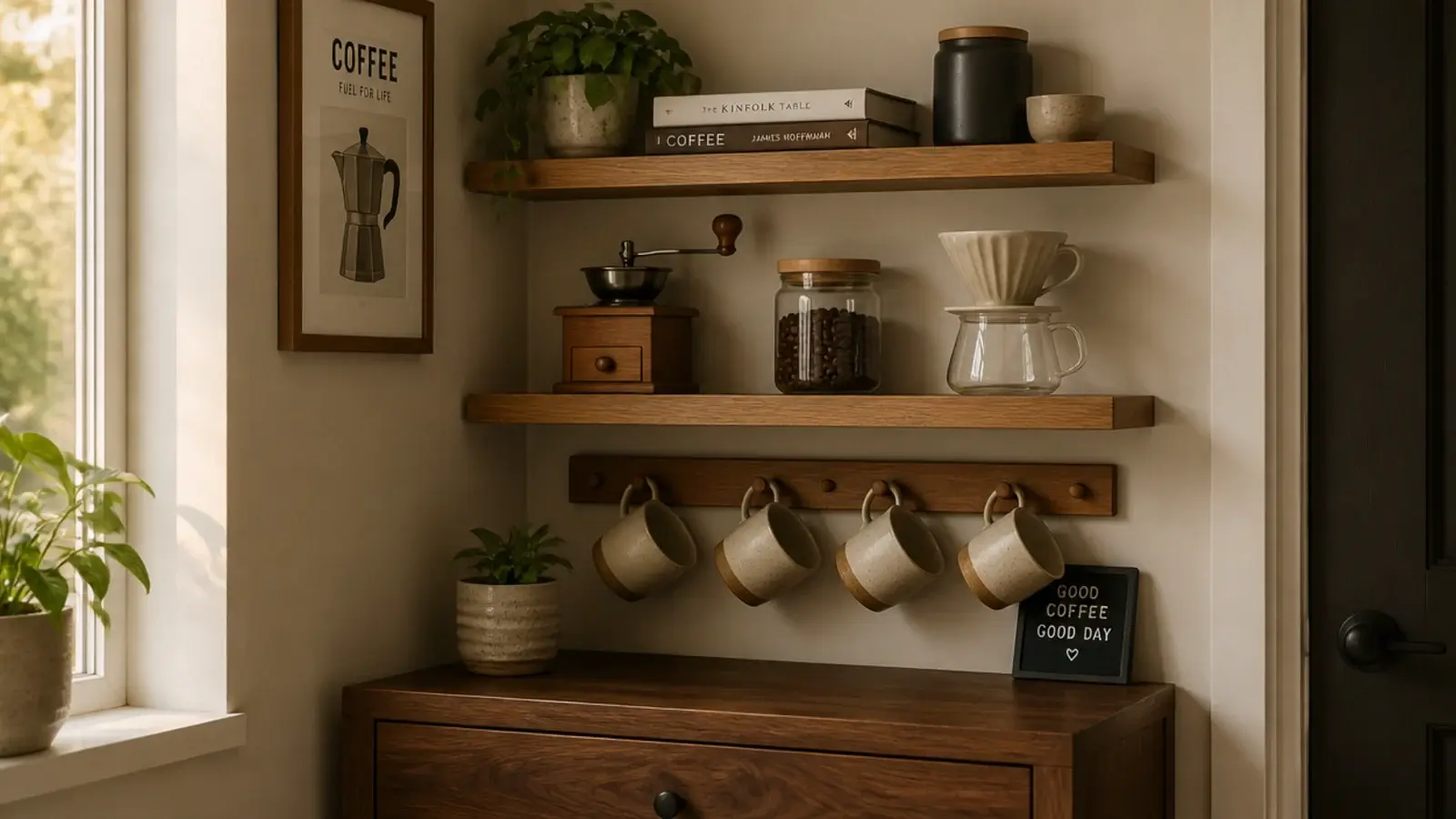 small corner coffee station on two wooden shelves with mugs and a grinder