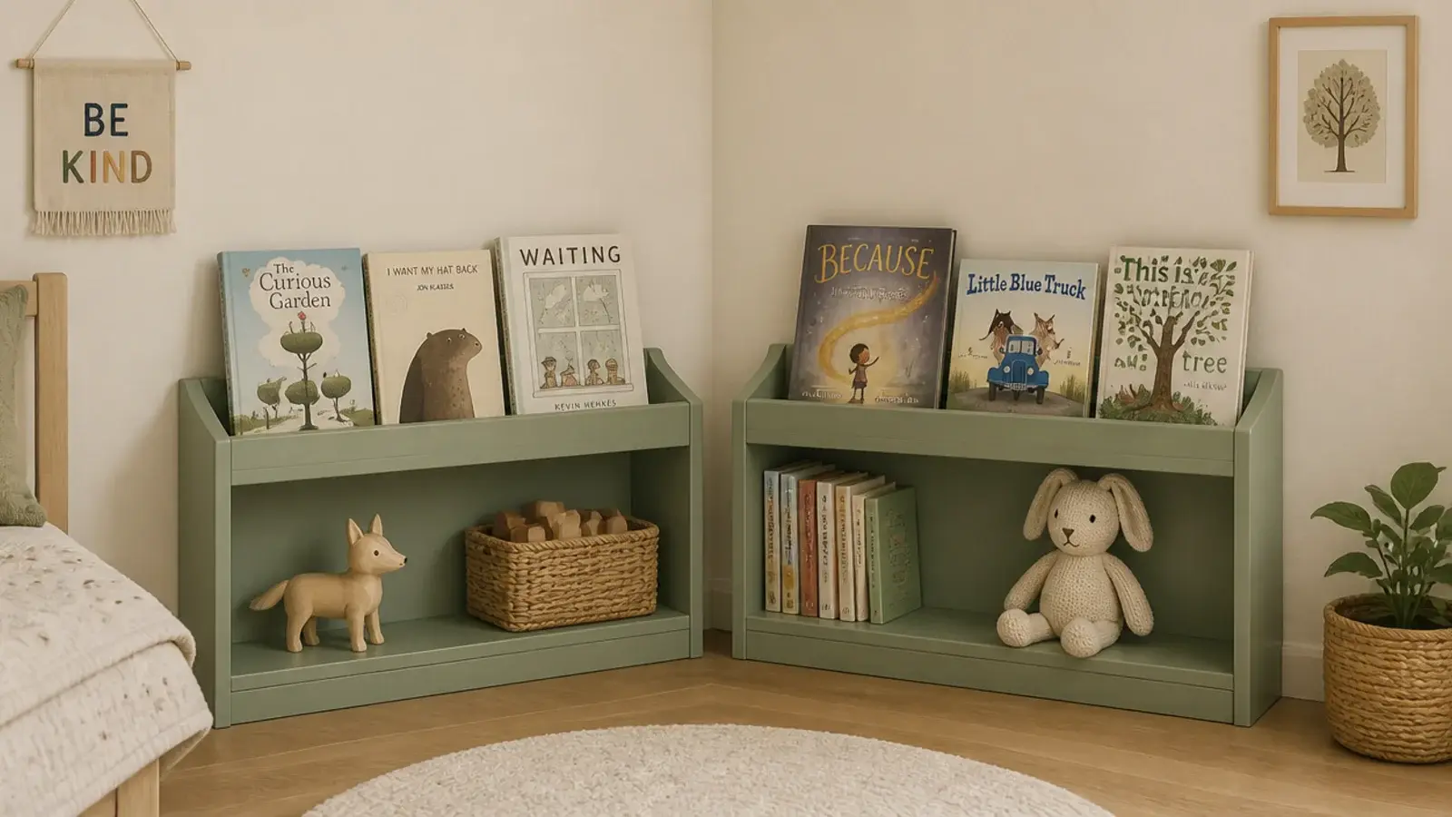 low painted corner shelves in a childs room holding picture books and soft toys