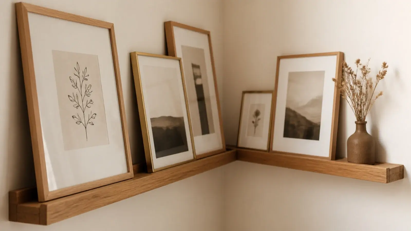 narrow picture ledge wrapping a corner with leaning art prints and frames
