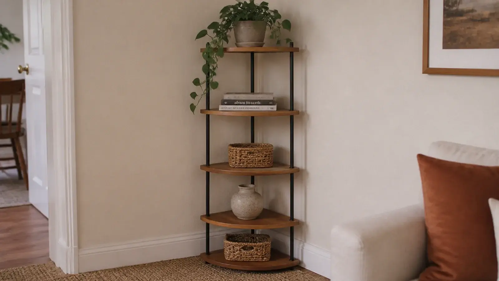 freestanding five tier corner etagere holding plants books and baskets