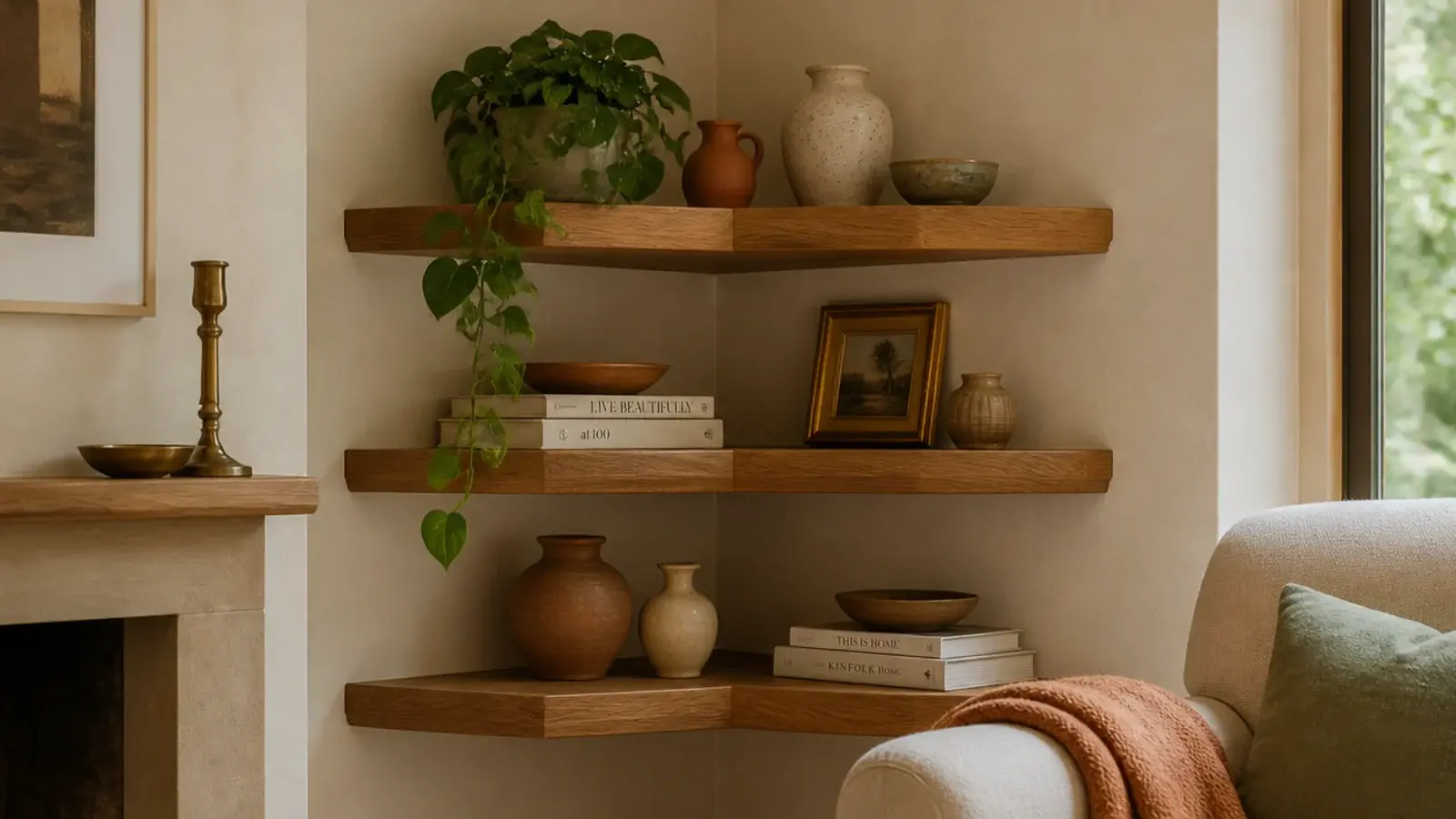 warm oak floating corner shelves styled with ceramics and a trailing plant