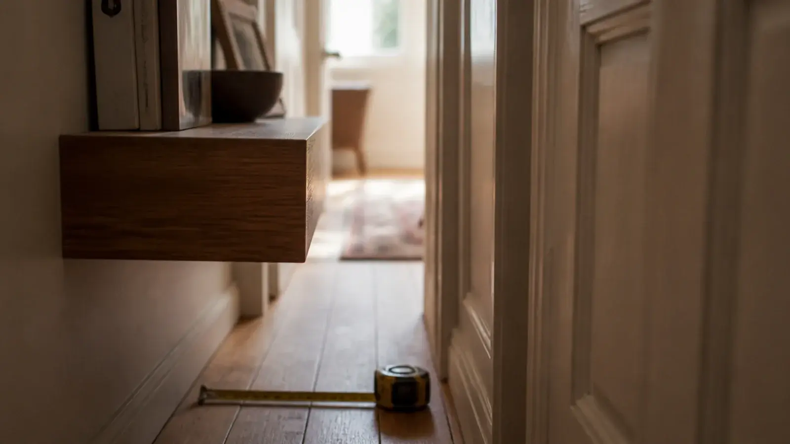 deep corner shelf protruding into a narrow hallway walkway beside a doorframe